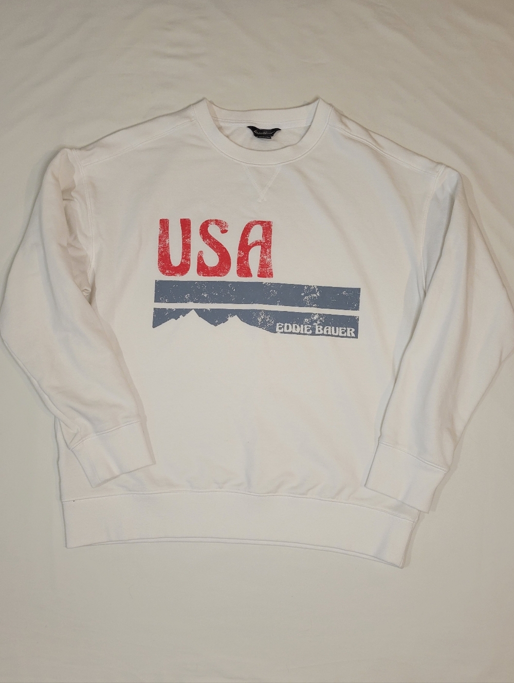 Eddie Bauer White Crewneck Sweater with Red USA Print and Blue Stripes